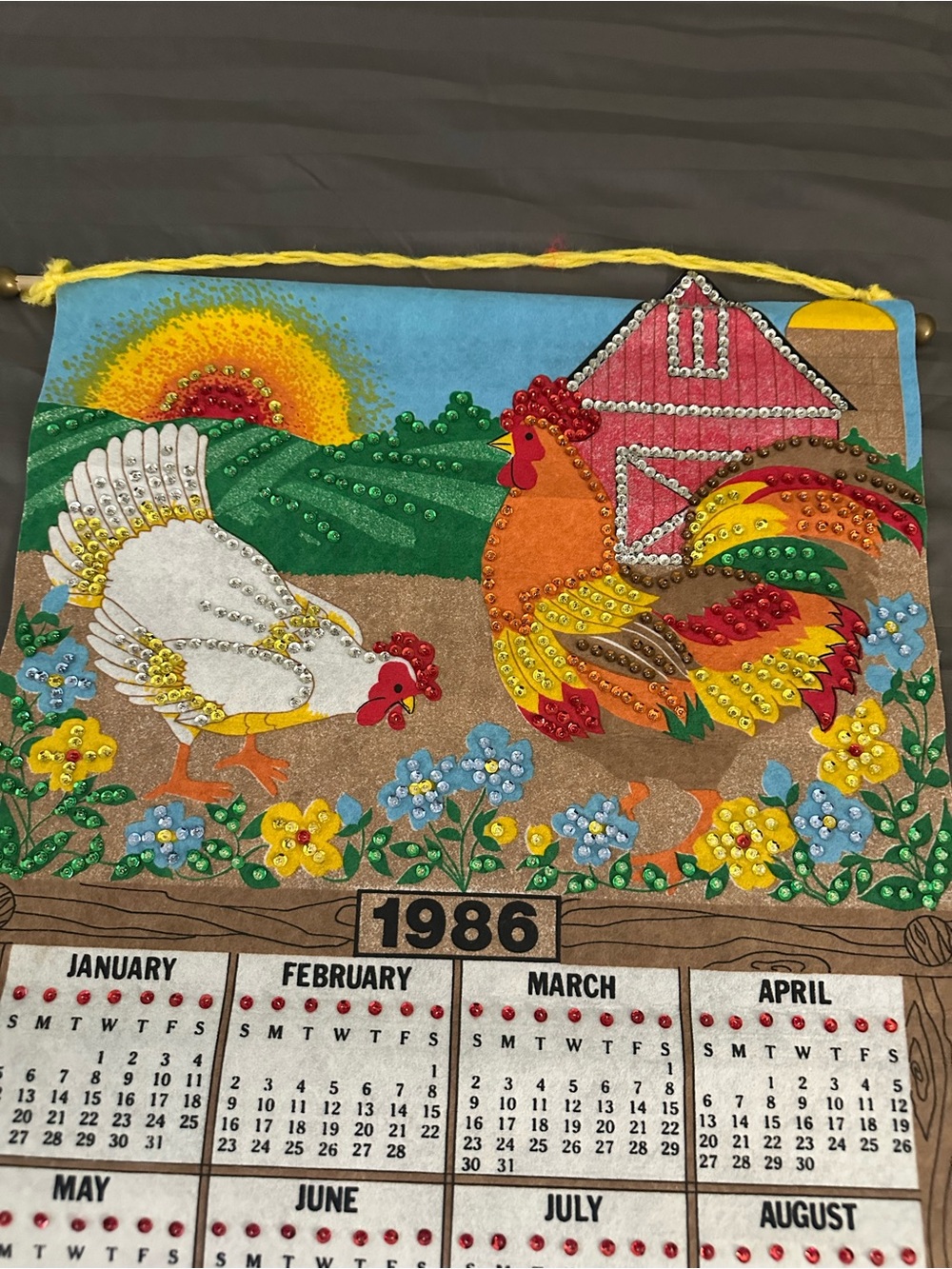 Vintage 1986 Rooster & Hen Wall Hanging Calendar - Multicolor
